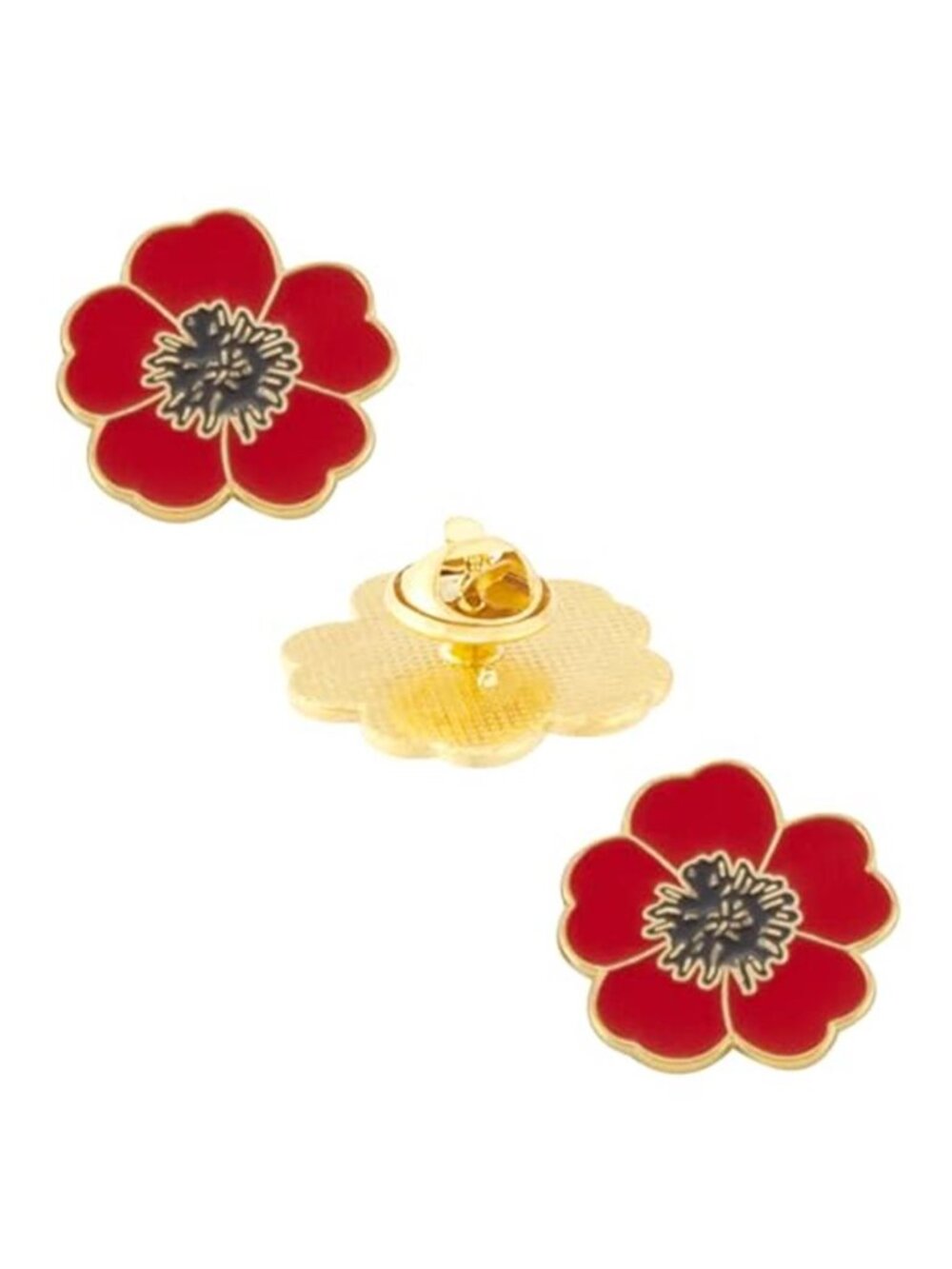 Poppy Enamel Flower Brooch for Women, Vintage Pin with Black Rhinestone,
